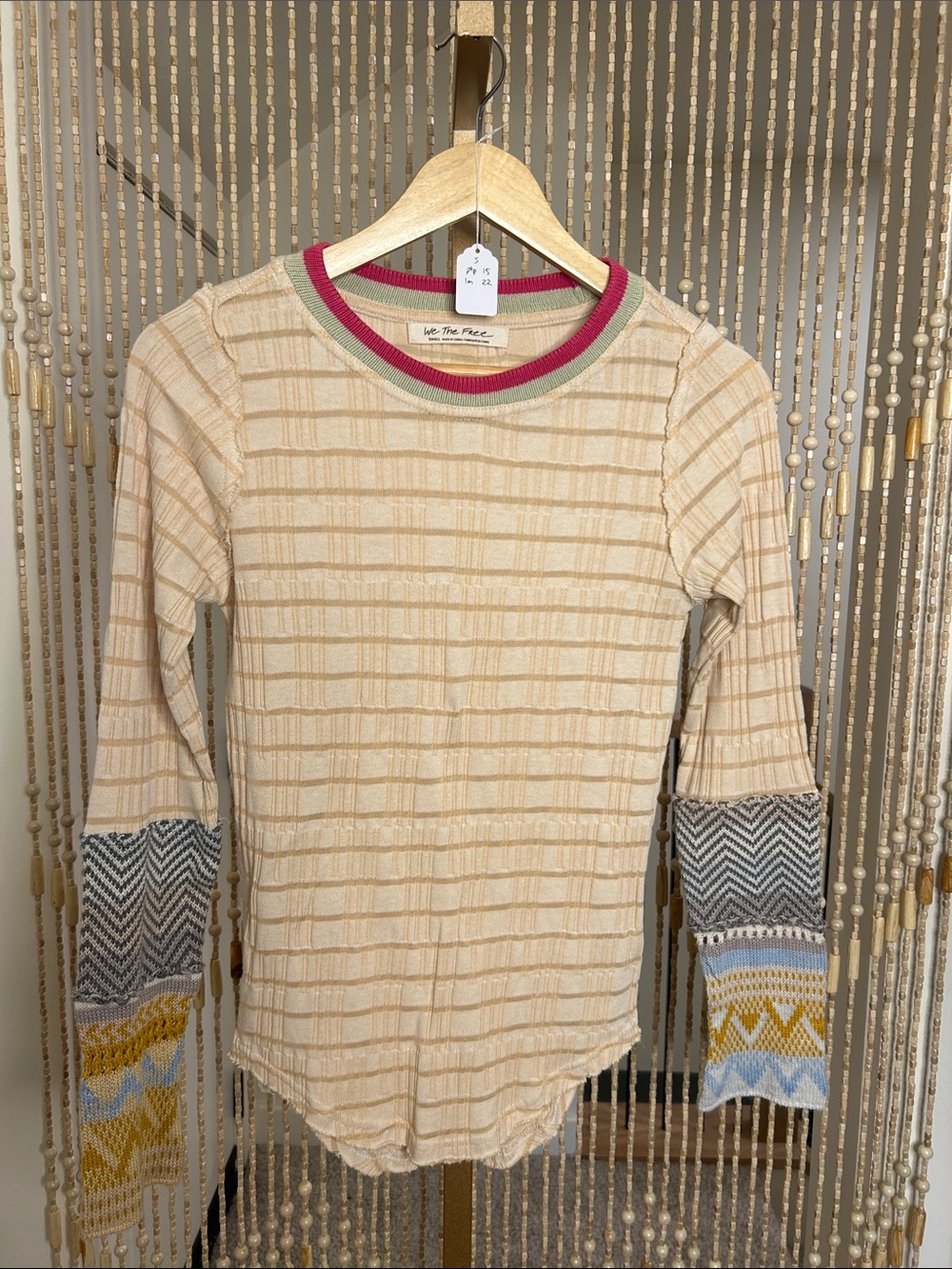 We The Free Cream Ribbed Top with Pink and Sage Trim Size S
